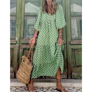 SHEIN Green Boho Midi Dress Geometric Print Tiered Cottagecore L
